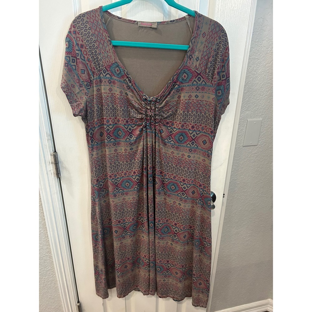 Fresh Produce Dress Taupe‎ Geometric Tribal Print Ruched V-Neck Boho XL